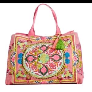 Debbie Katz Pink Bohemian Artesian Large Embroidered Beach Travel Tote Bag